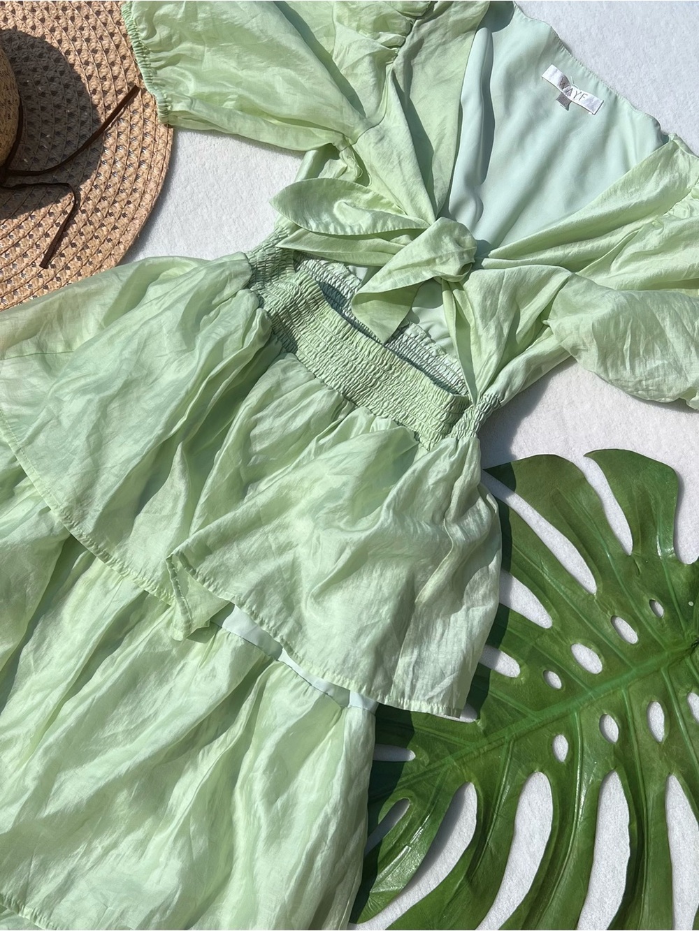 WAYF Seafoam Tie Front Cutout Tiered Midi Dress XS